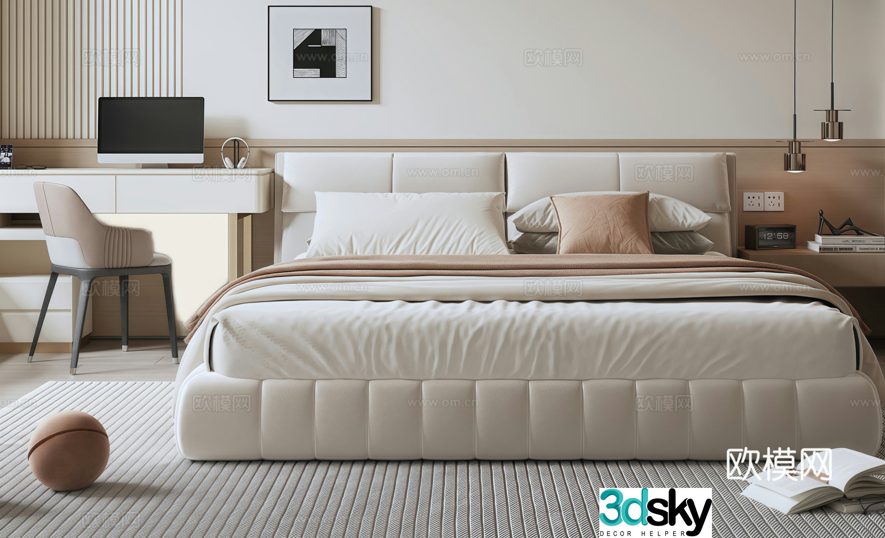 Modern Italian double bed leather bed cloth bed decorative painting wall lamp single chair 3d model