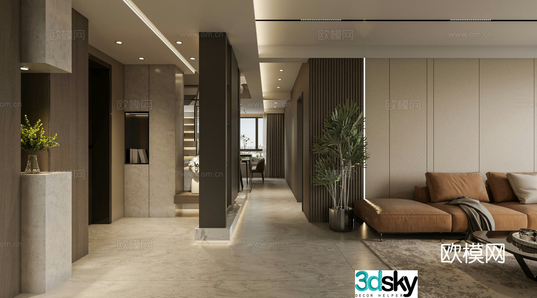 Modern light luxury living and dining room 3D model