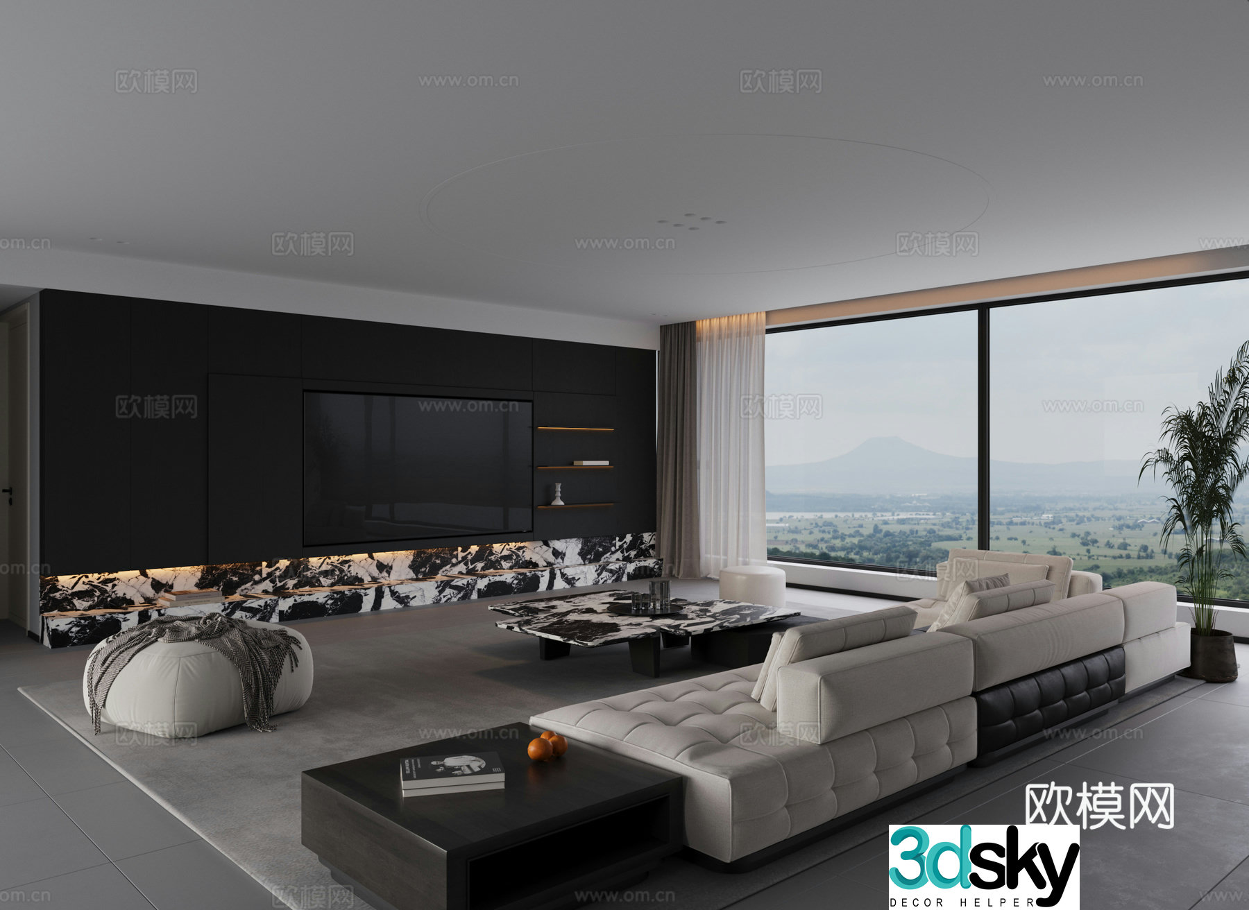 Italian minimalist living room large flat living room black and white and gray living room living room without lights horizontal hall 3D model