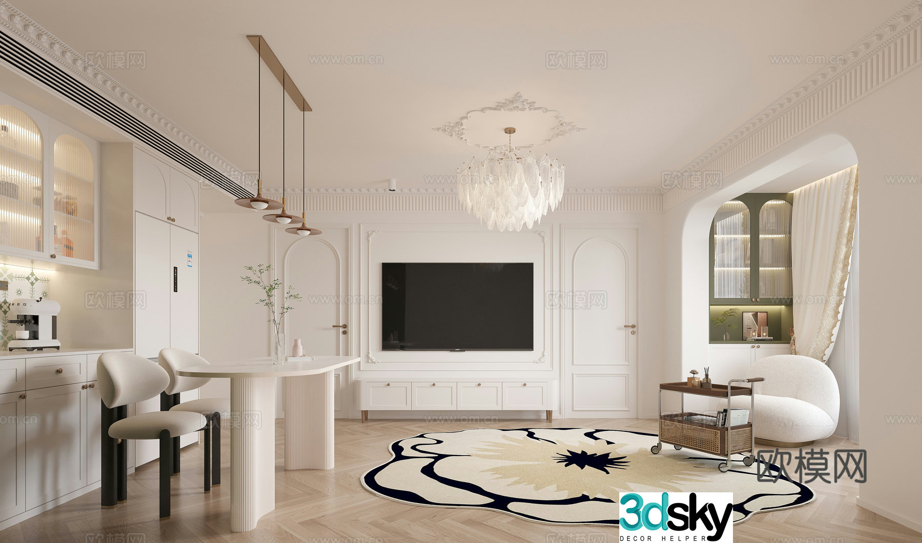 French living and dining room 3d model