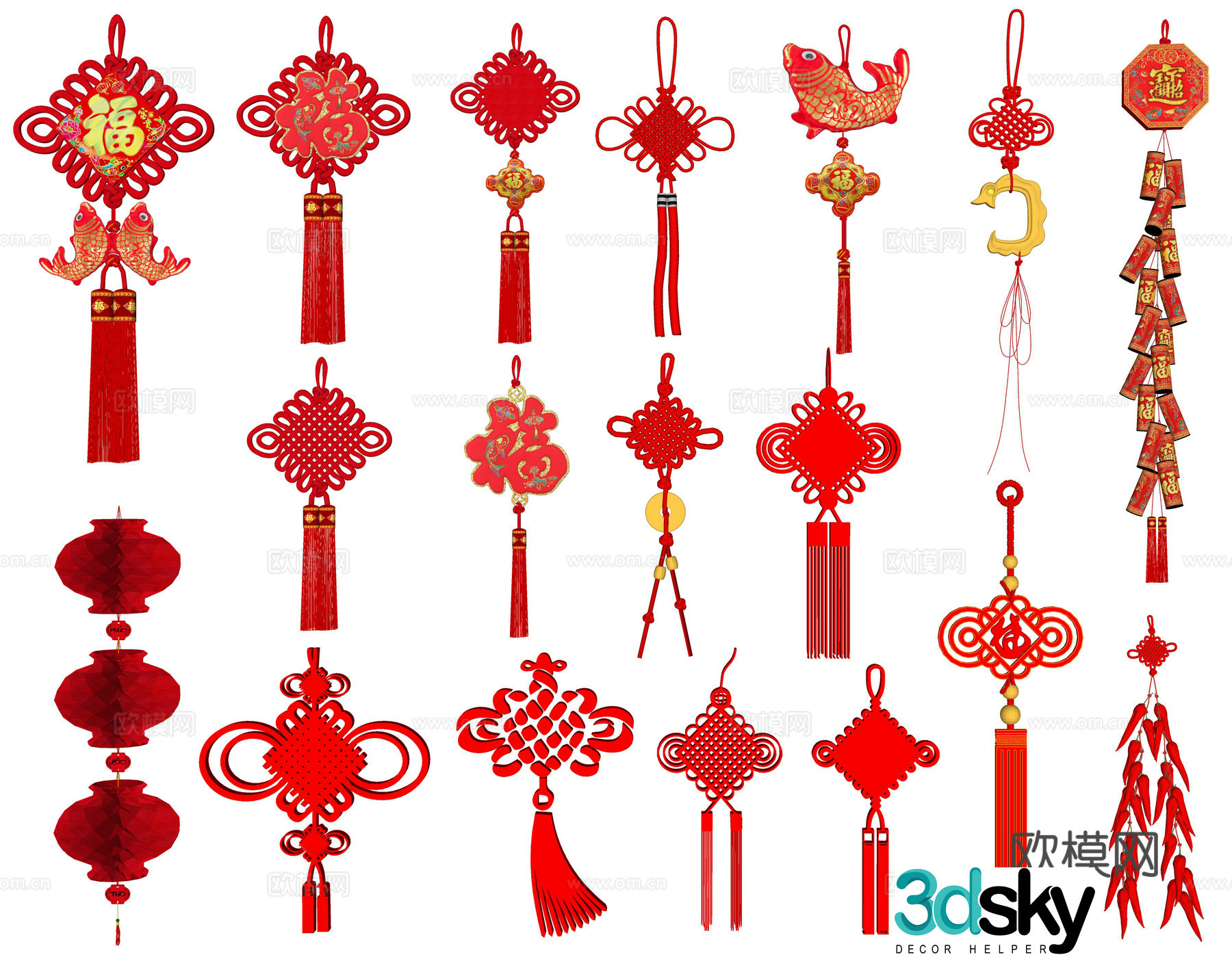 New Chinese style Chinese knot safe knot concentric knot hanging pillow pendant red lantern New Year’s sketch 3D model