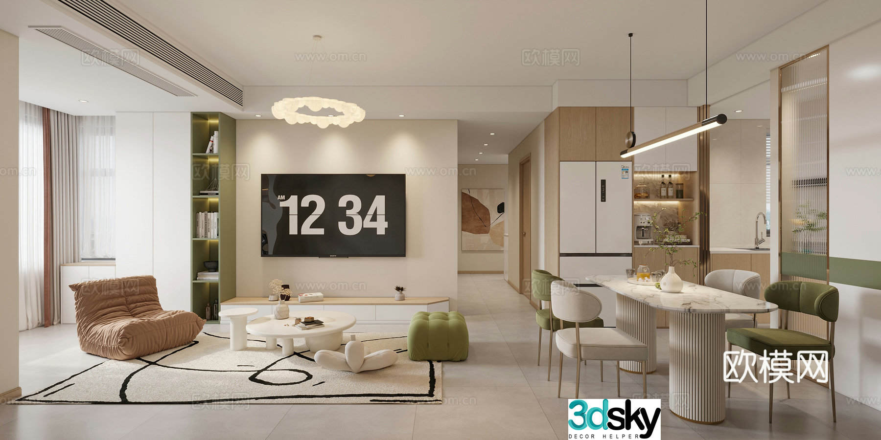 Creamy style dining room entrance cabinet creamy style sofa hanging painting dining table and chair chandeliers 3D model