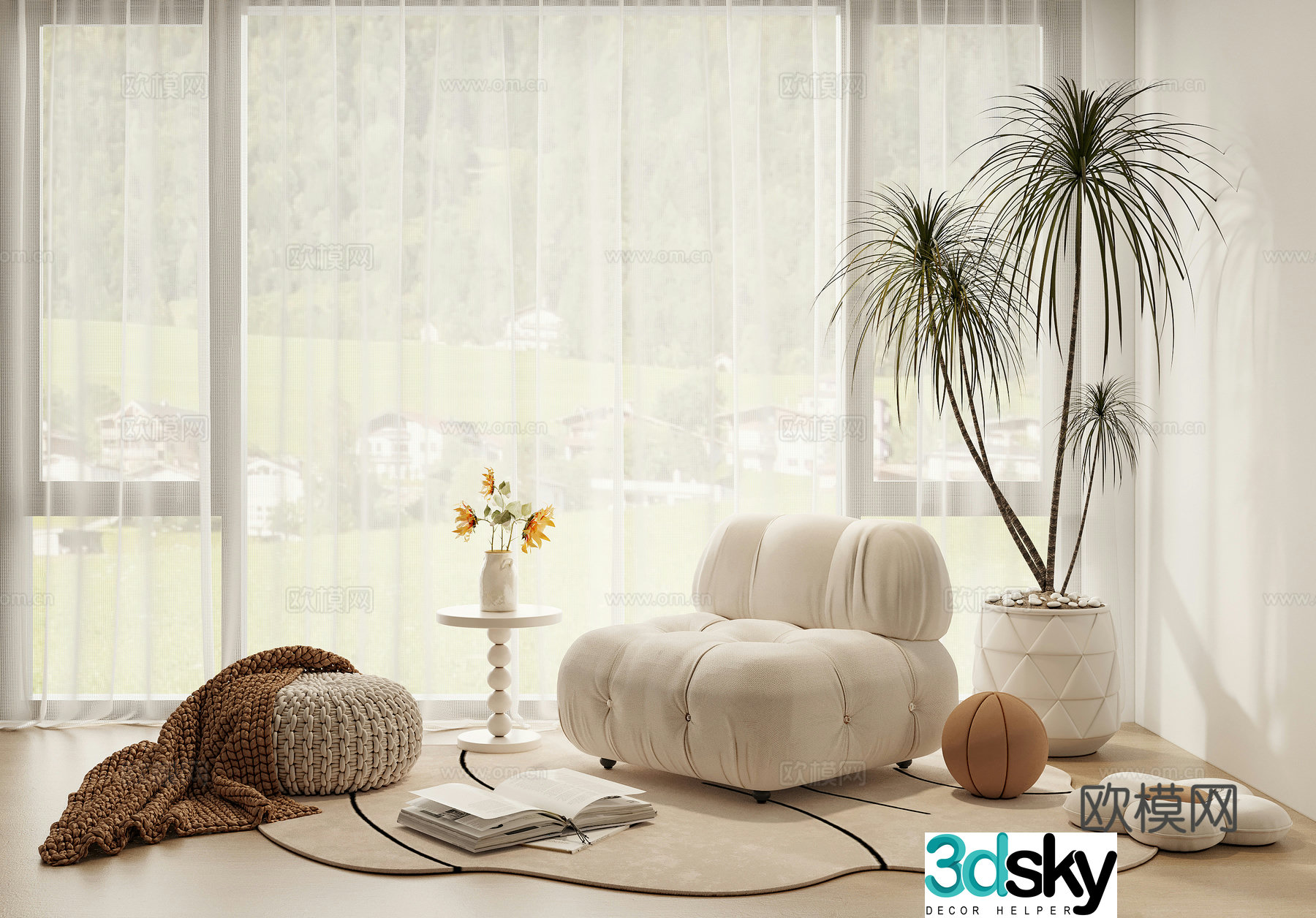 Cream style leisure chair lazy sofa side several potted stool 3D model