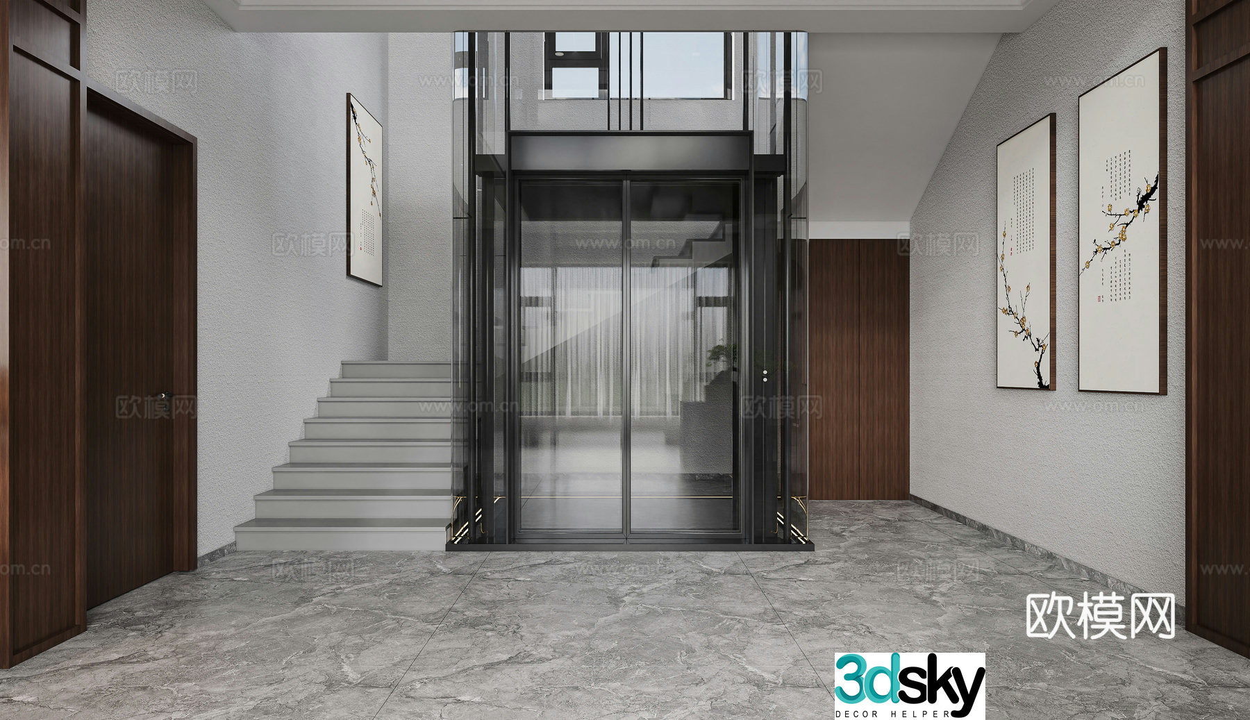 New Chinese style elevator elevator aisle entrance stairwell staircase modern simple 3d model