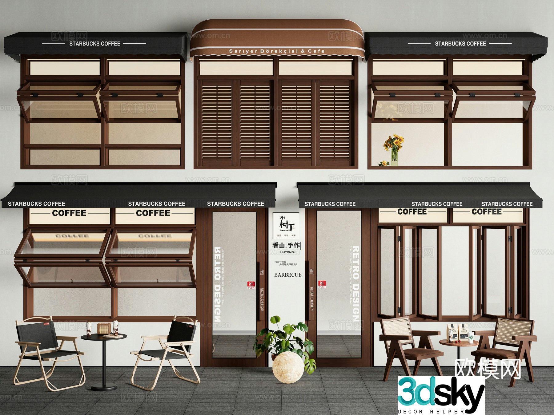 Modern medieval folding windows upper and lower folding windows sliding windows doors facades outdoor tables and chairs 3D models