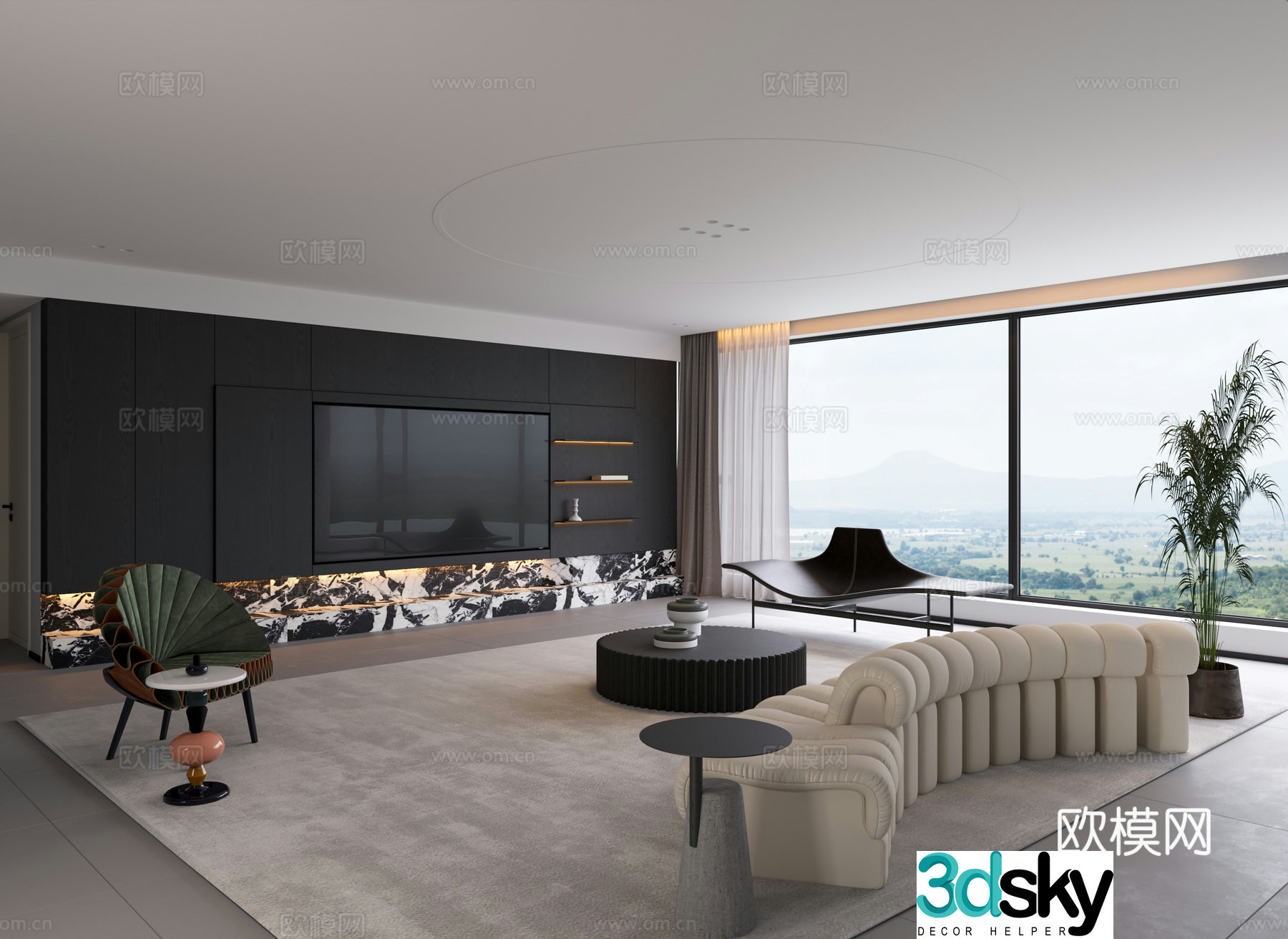 Italian minimalist living room large flat living room high-end gray living room horizontal hall living room 3D model living room without lights