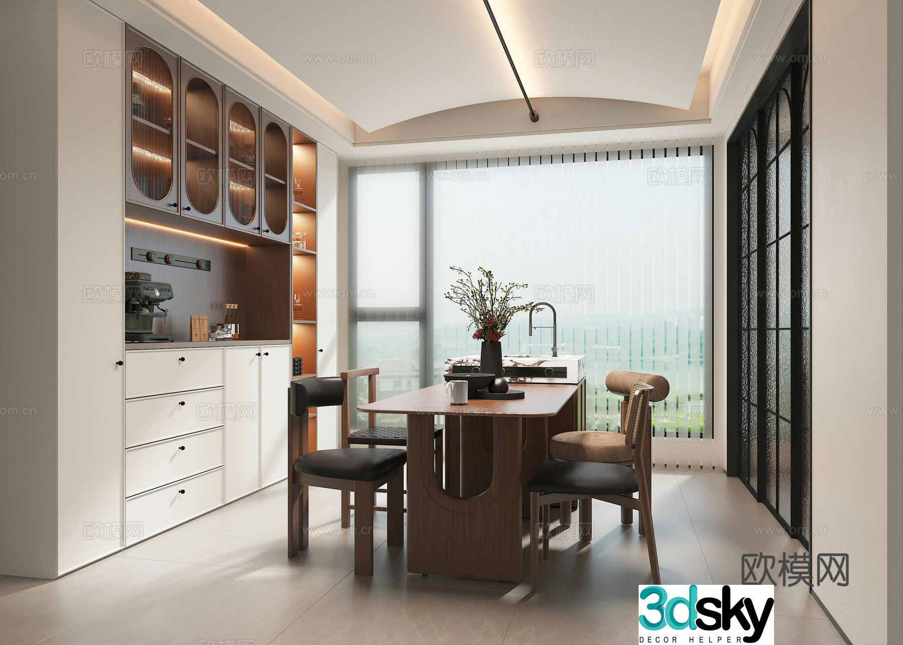Middle style restaurant Middle style dining table Skyline lamp Wine cabinet 3d model