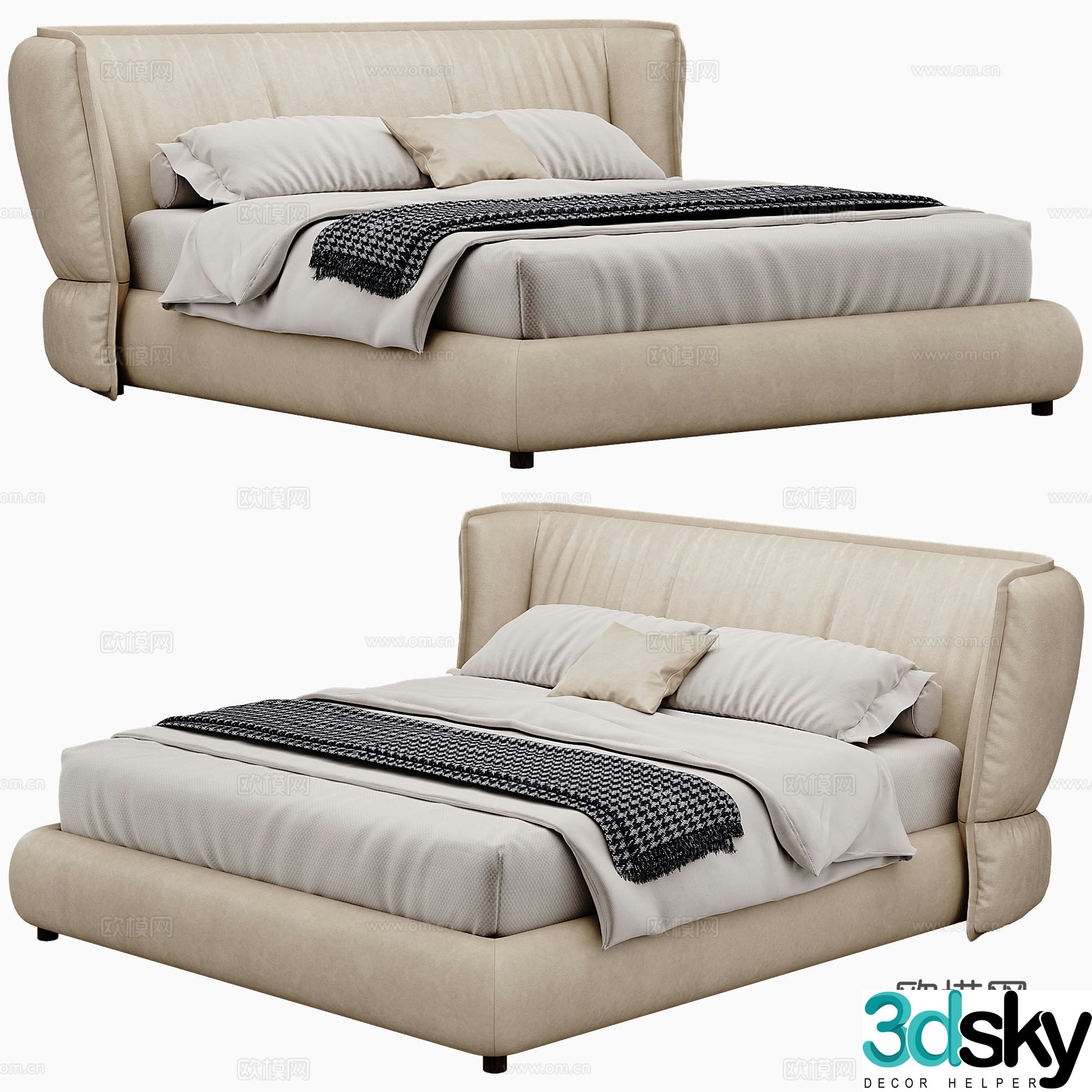 Modern Double Bed Fabric Double Bed Bedroom Bed Frame Bedding Bedding Pillow Holding 3D Model