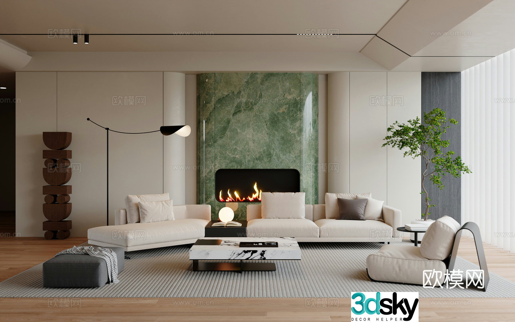 Modern living room sofa coffee table combination floor lamp fireplace 3D model