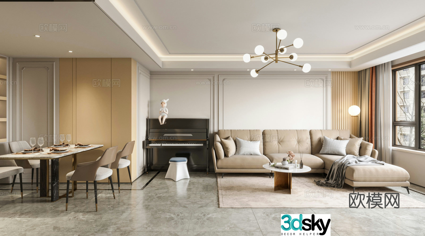 Modern Cream Style Restaurant 3D Model