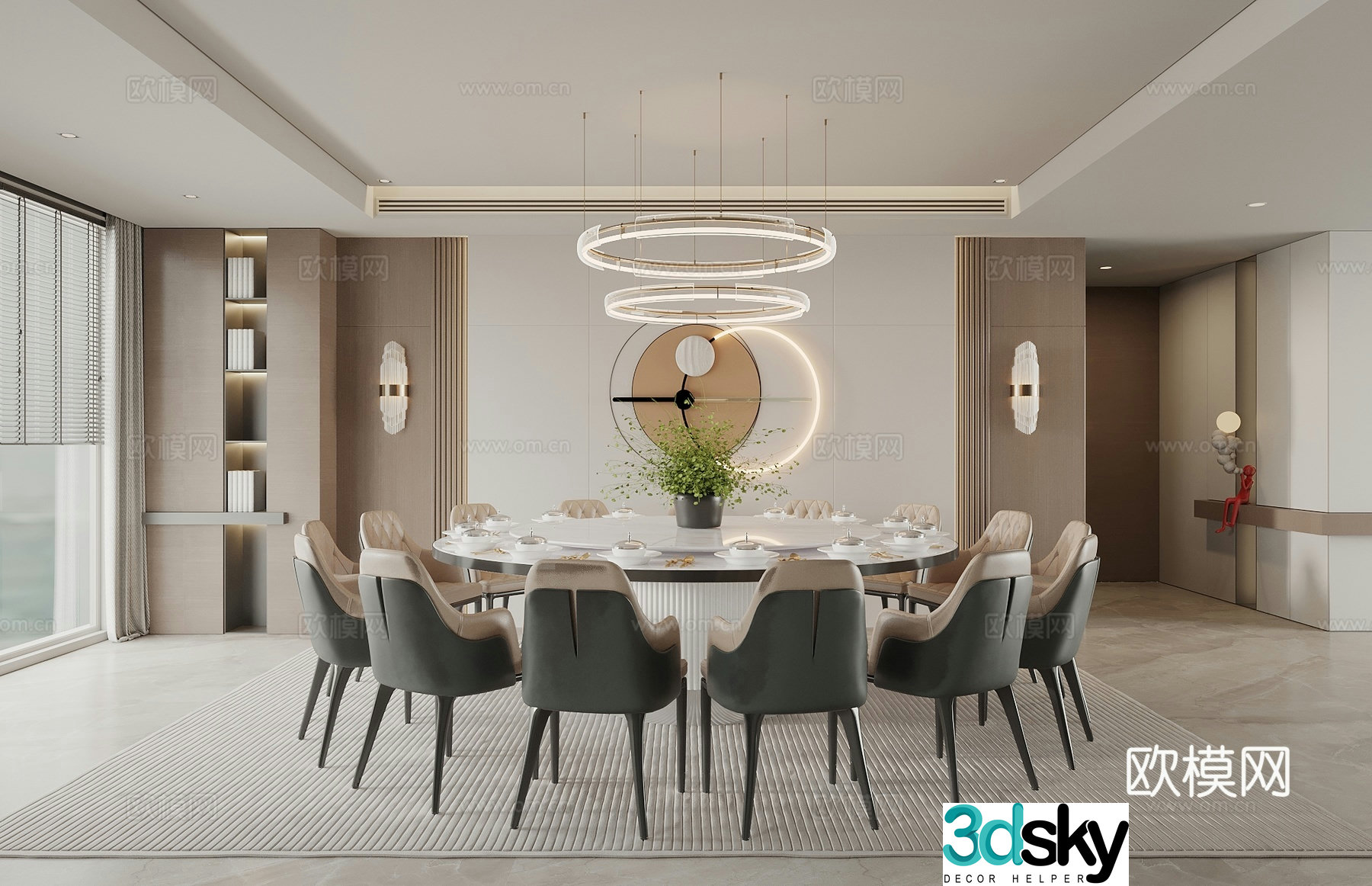 Modern restaurant private room large private room hotel private room round dining table and chairs background wall chandeliers wall 3d model