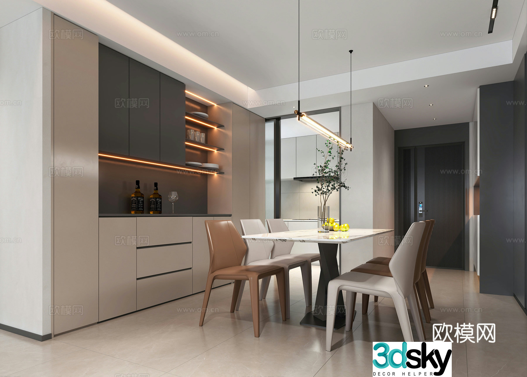 Modern restaurant dining table wine cabinet chandeliers 3d model