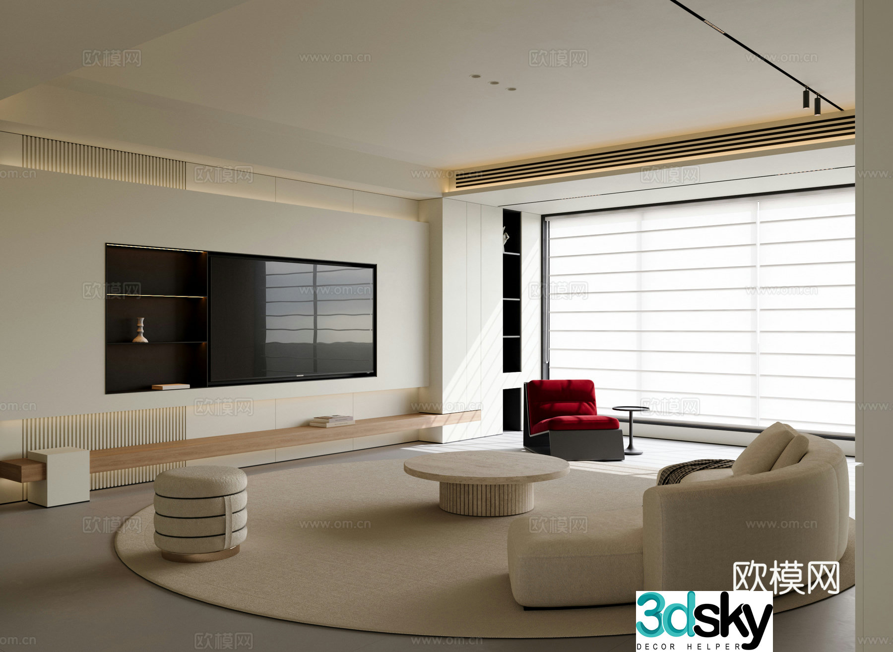 Modern creamy living room horizontal hall high-end gray living room without lights living room large flat living room 3d model