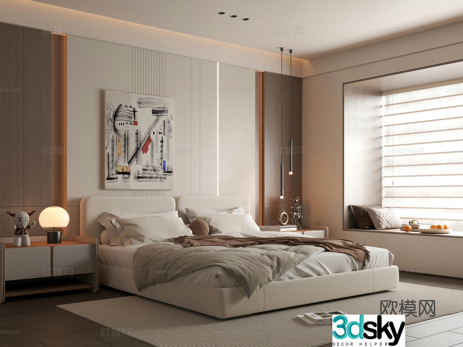 Modern bedroom Simple bedroom Bedroom Bedding combination Bedroom background wall 3d model