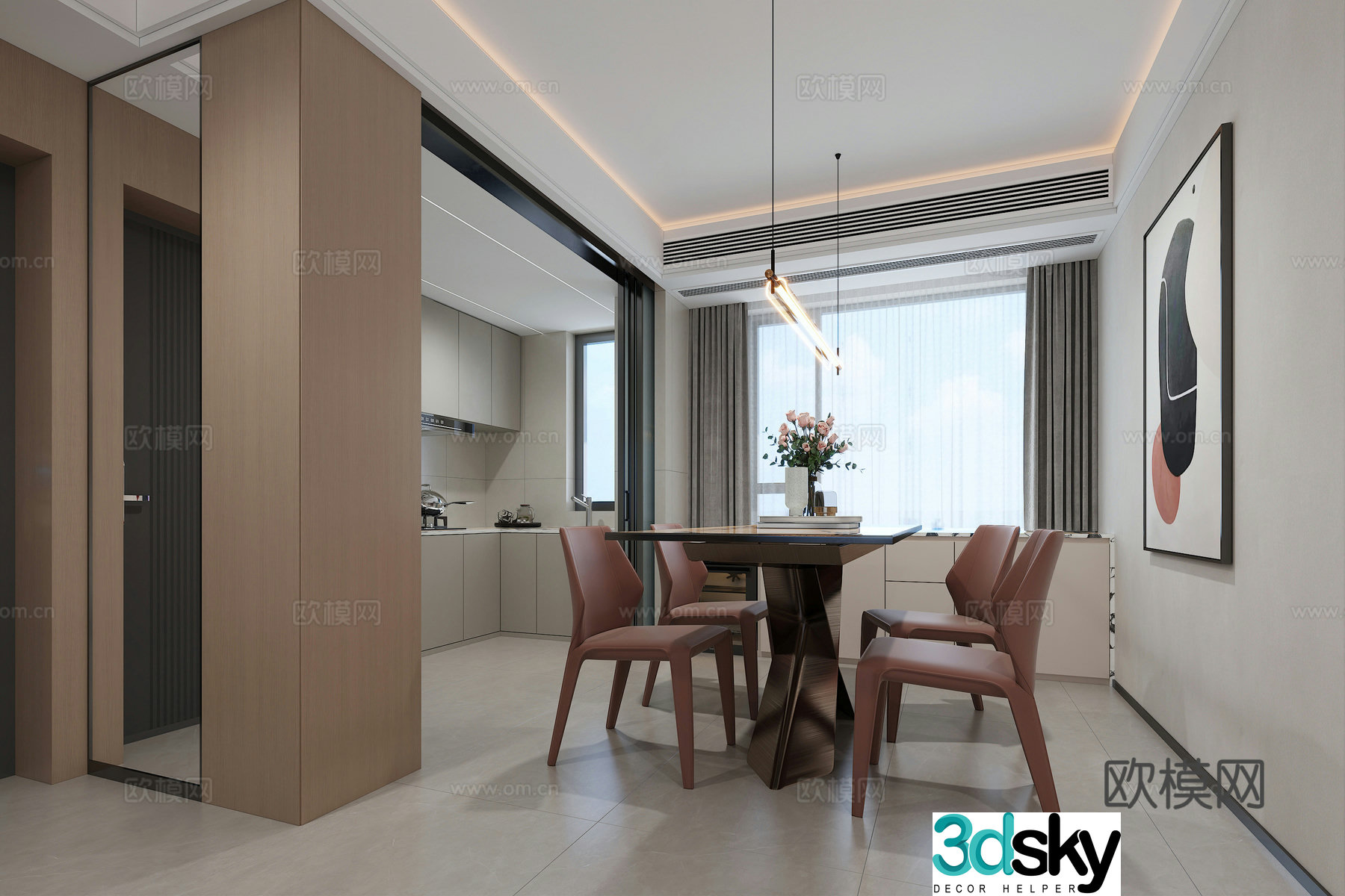 Modern restaurant dining table leather dining chair hanging painting restaurant chandeliers 3d model