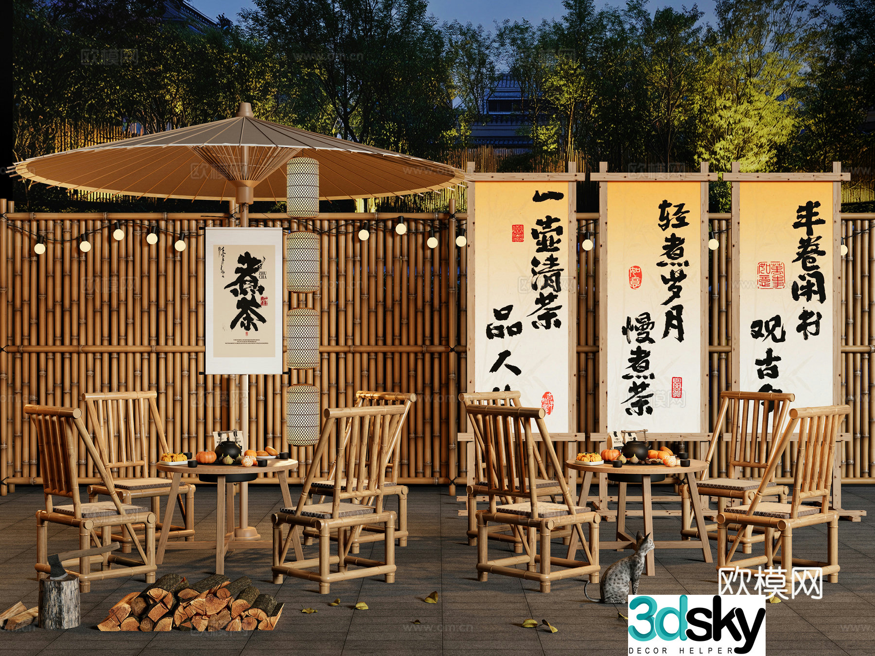 Chinese outdoor table and chairs bamboo tea table and chairs stove cooking tea stove wood bamboo fence 3D model