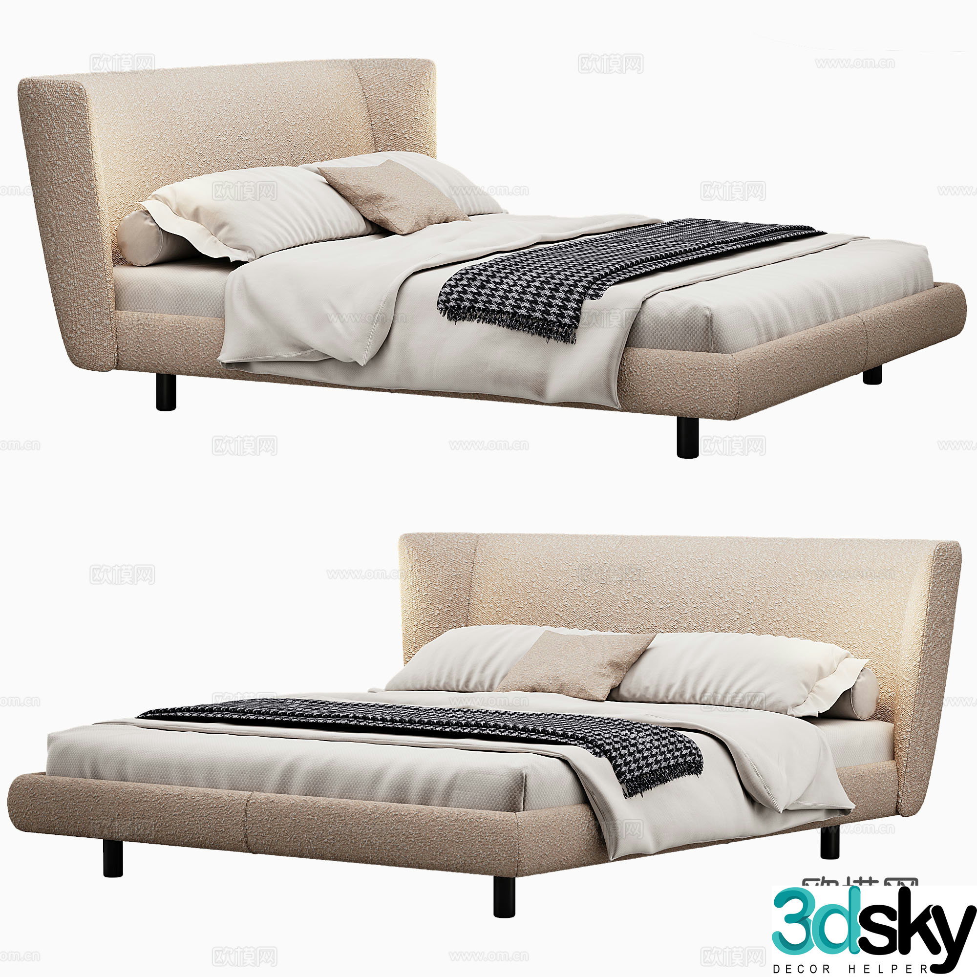 Modern Double Bed Fabric Double Bed Bedroom Bed Frame Bedding Bedding Pillow Holding 3D Model