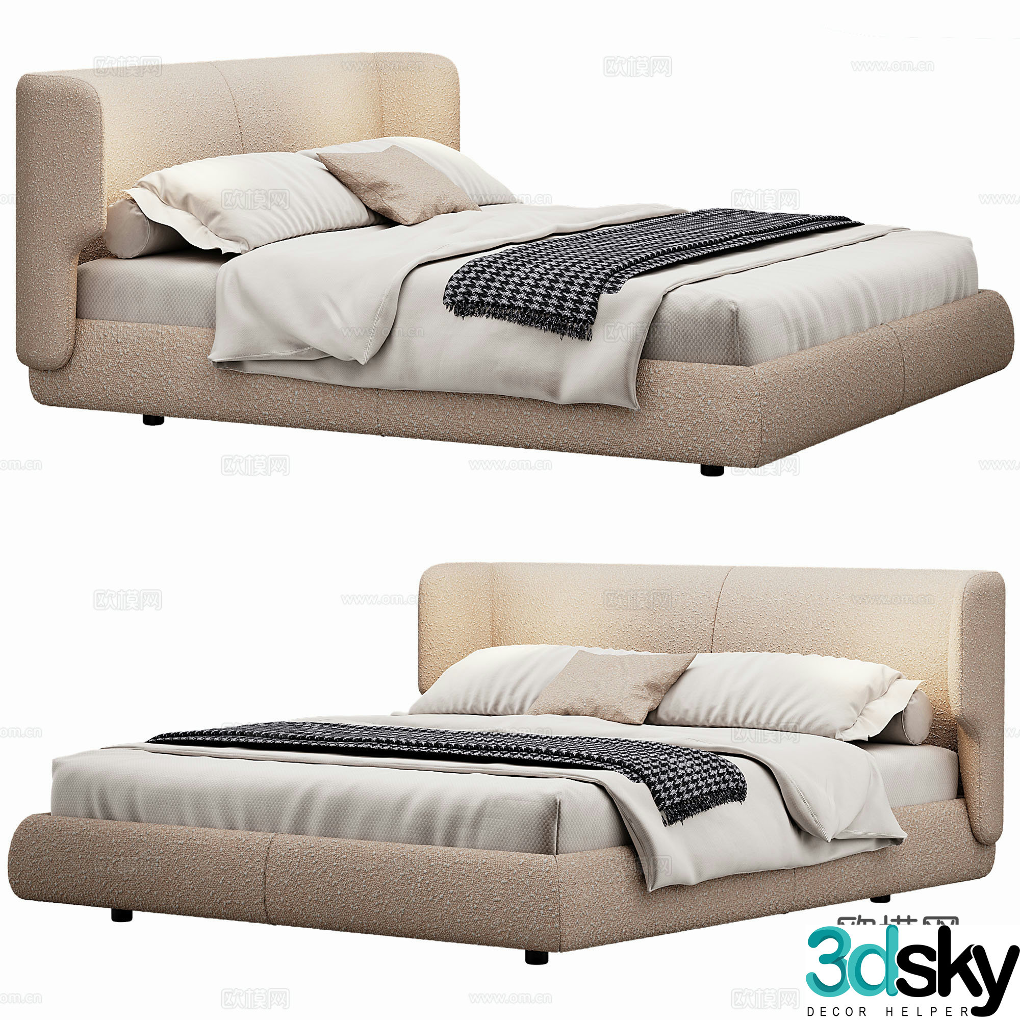 Modern Double Bed Fabric Double Bed Bedroom Bed Frame Bedding Bedding Pillow Holding 3D Model