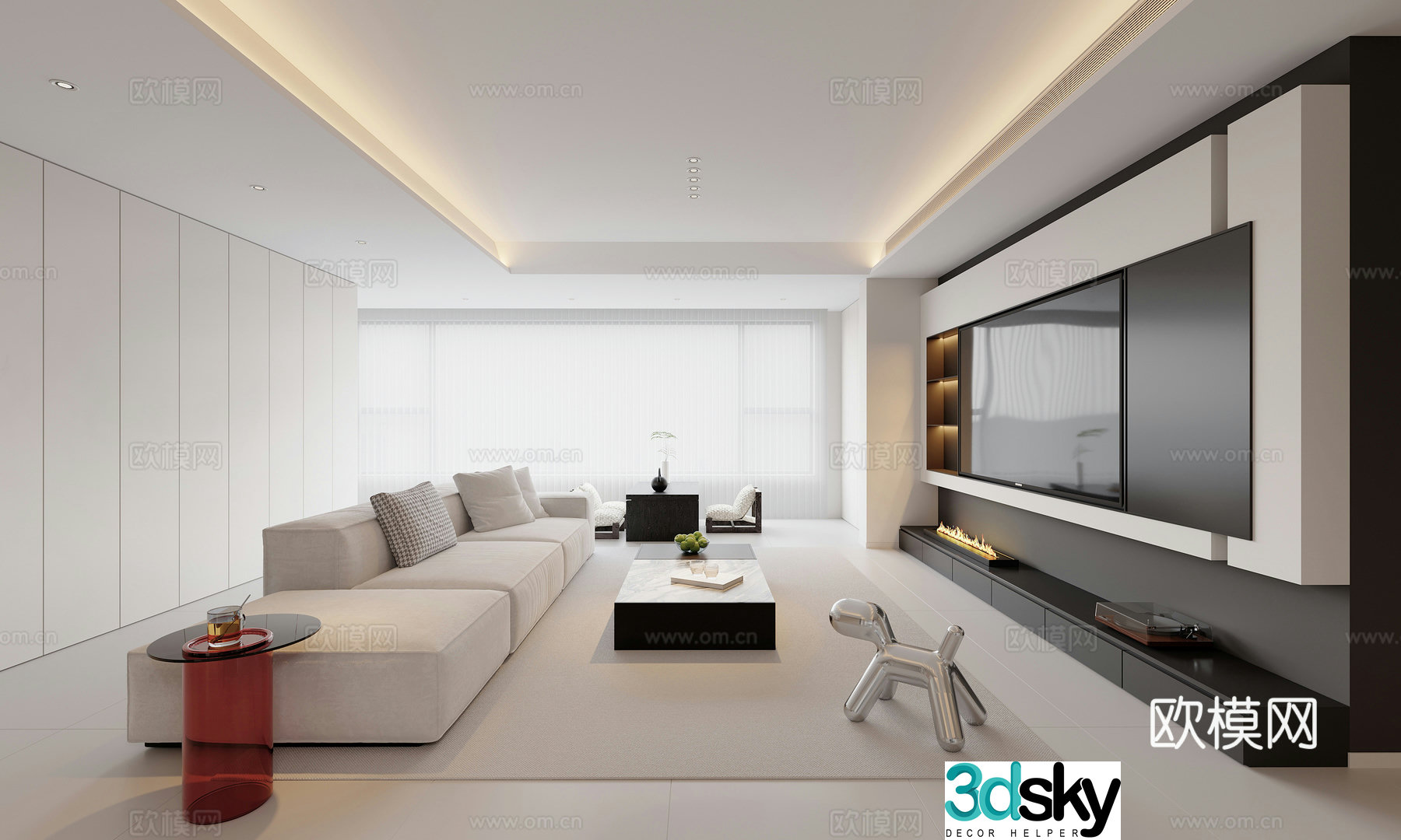 Modern minimalist black white and gray living and dining room kitchen 3d model
