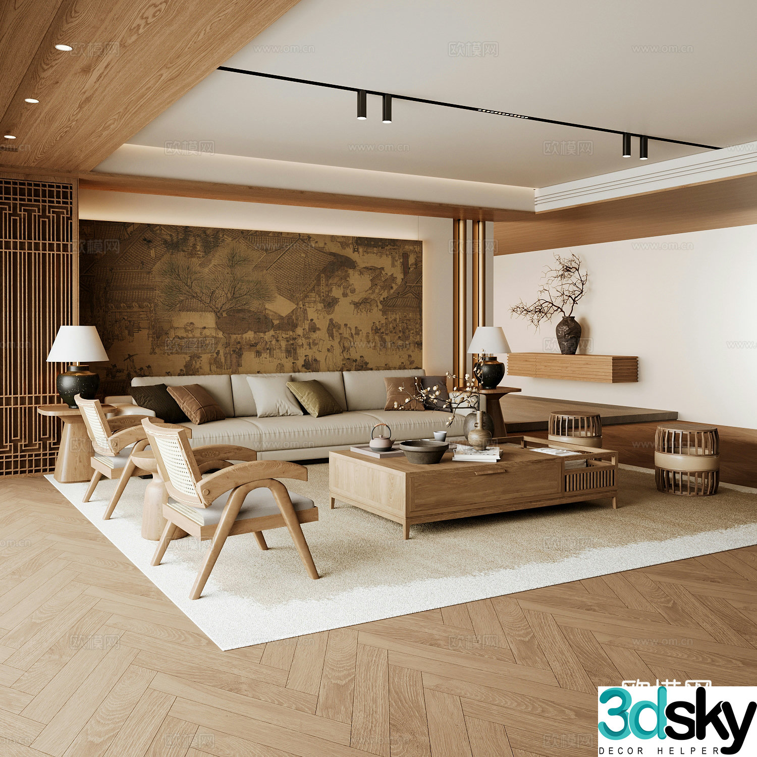New Chinese Song style living room Chinese sofa combination Song style aesthetics Solid wood coffee table Chinese background 3D model