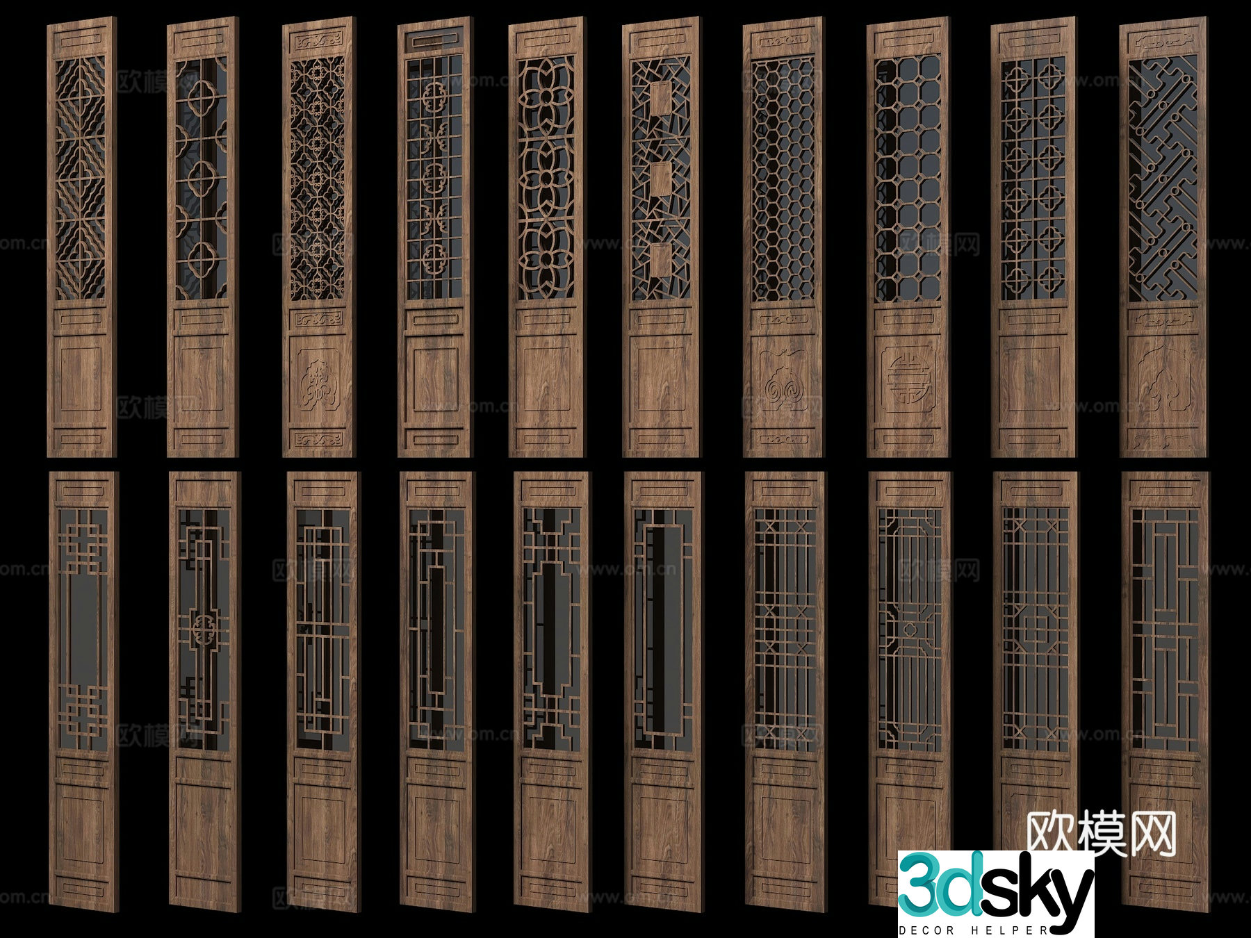 Chinese style doors and windows ancient building doors lattice doors antique wooden doors solid wood grids carved doors hollow flower 3D model