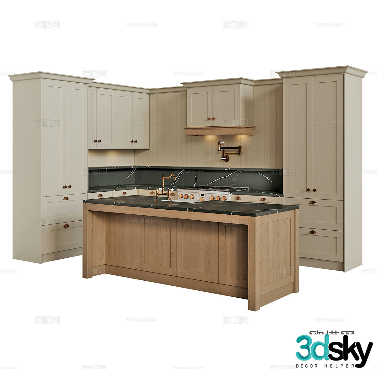 Open kitchen Simple European cabinets Classical cabinets Kitchen island Kitchen supplies Kitchen appliances 3D model