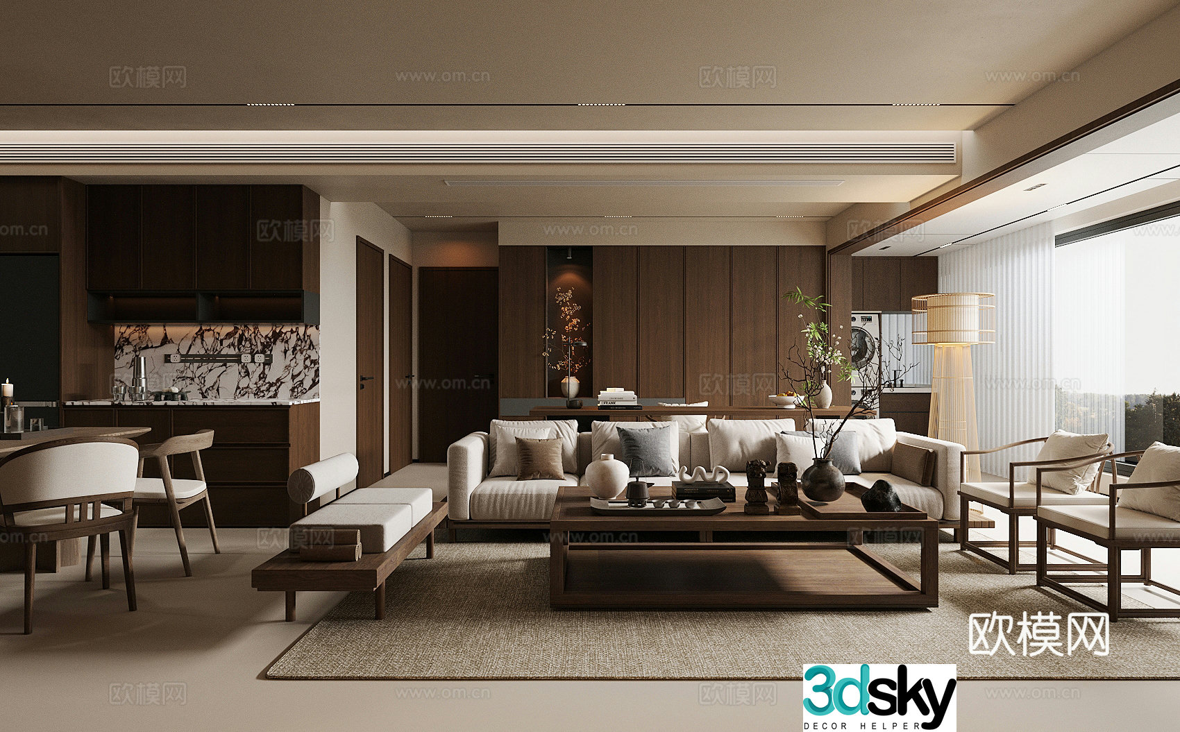 New Chinese-style home living room integrated living room and dining design horizontal living room design large flat floor design 3D model