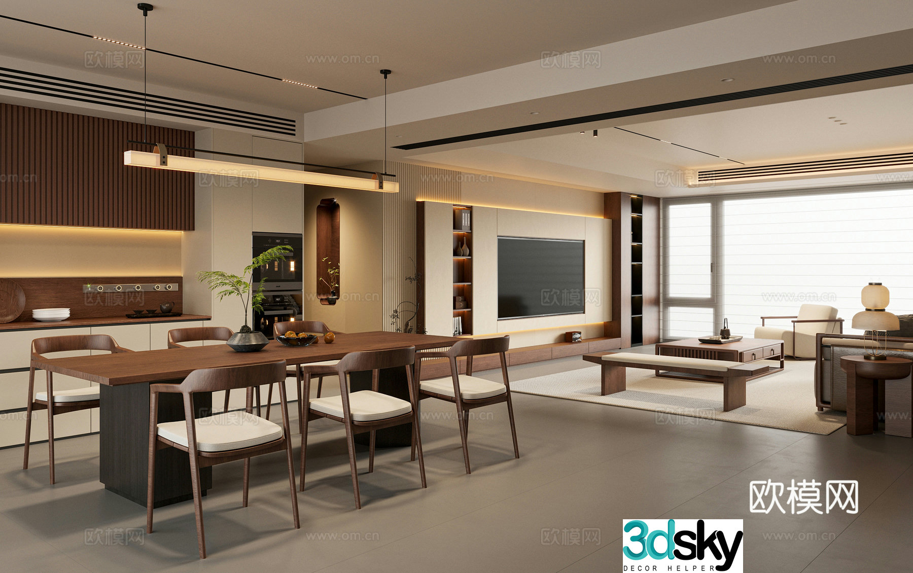 New Chinese style Chinese living room Song style living room Sofa coffee table combination TV cabinet Dining table chair 3D model