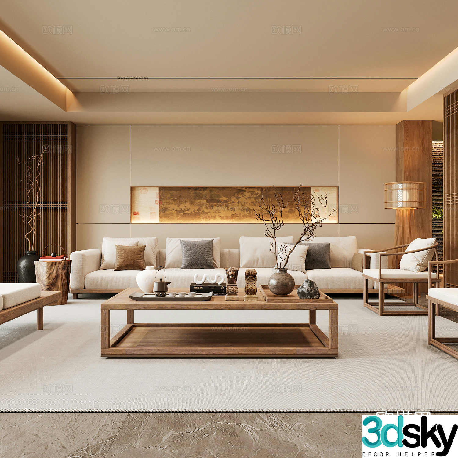 New Chinese Song style living room Chinese sofa combination Song style aesthetics Solid wood coffee table Chinese background 3D model