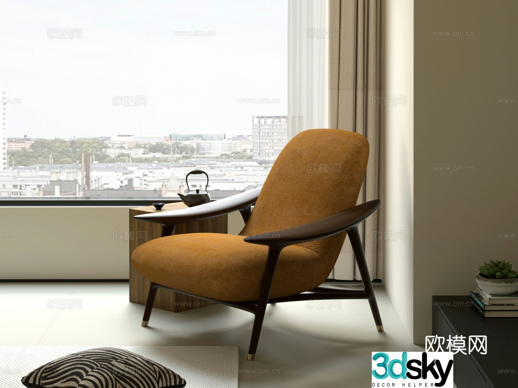 New Chinese style living room balcony single sofa fabric sofa casual sofa sofa chair solid wood chair 3D model