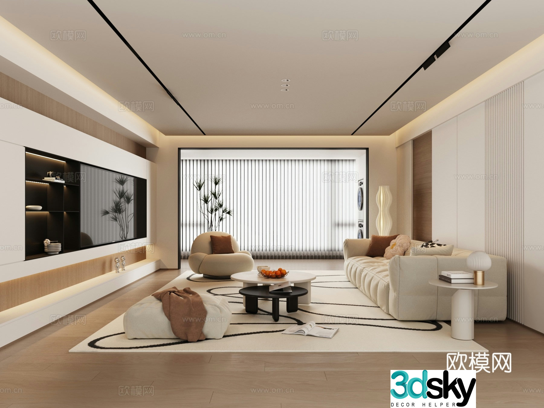 Modern Creamy Living Room 3D Model
