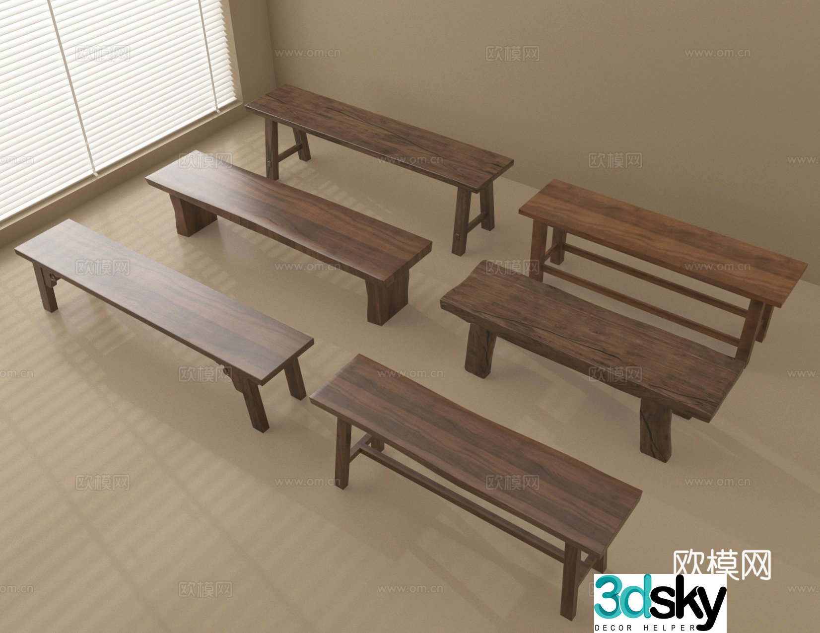Long wooden stool solid wood stool bench stool 3d model