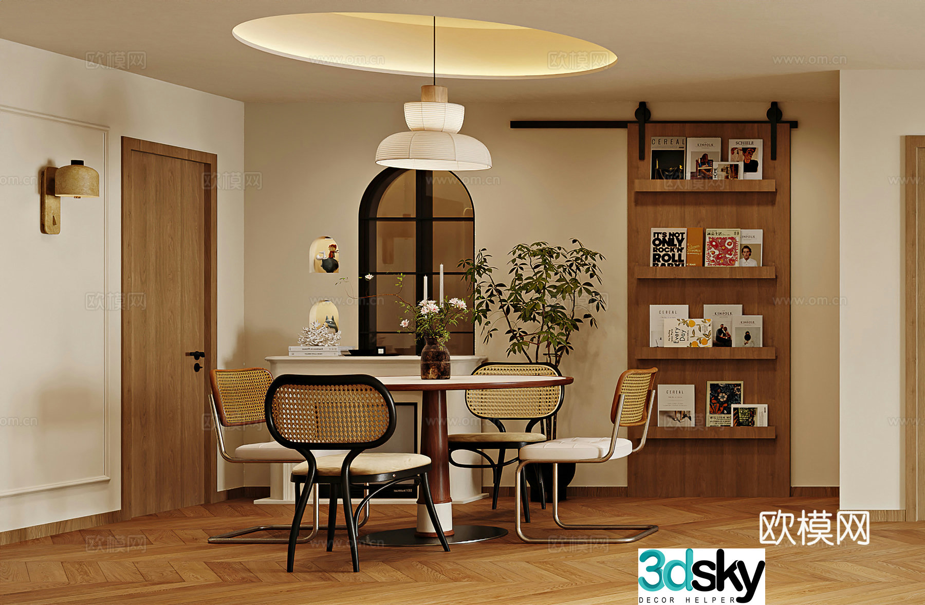 Middle style restaurant round dining table ghost door sliding door retro living room bookcase bookshelf 3d model
