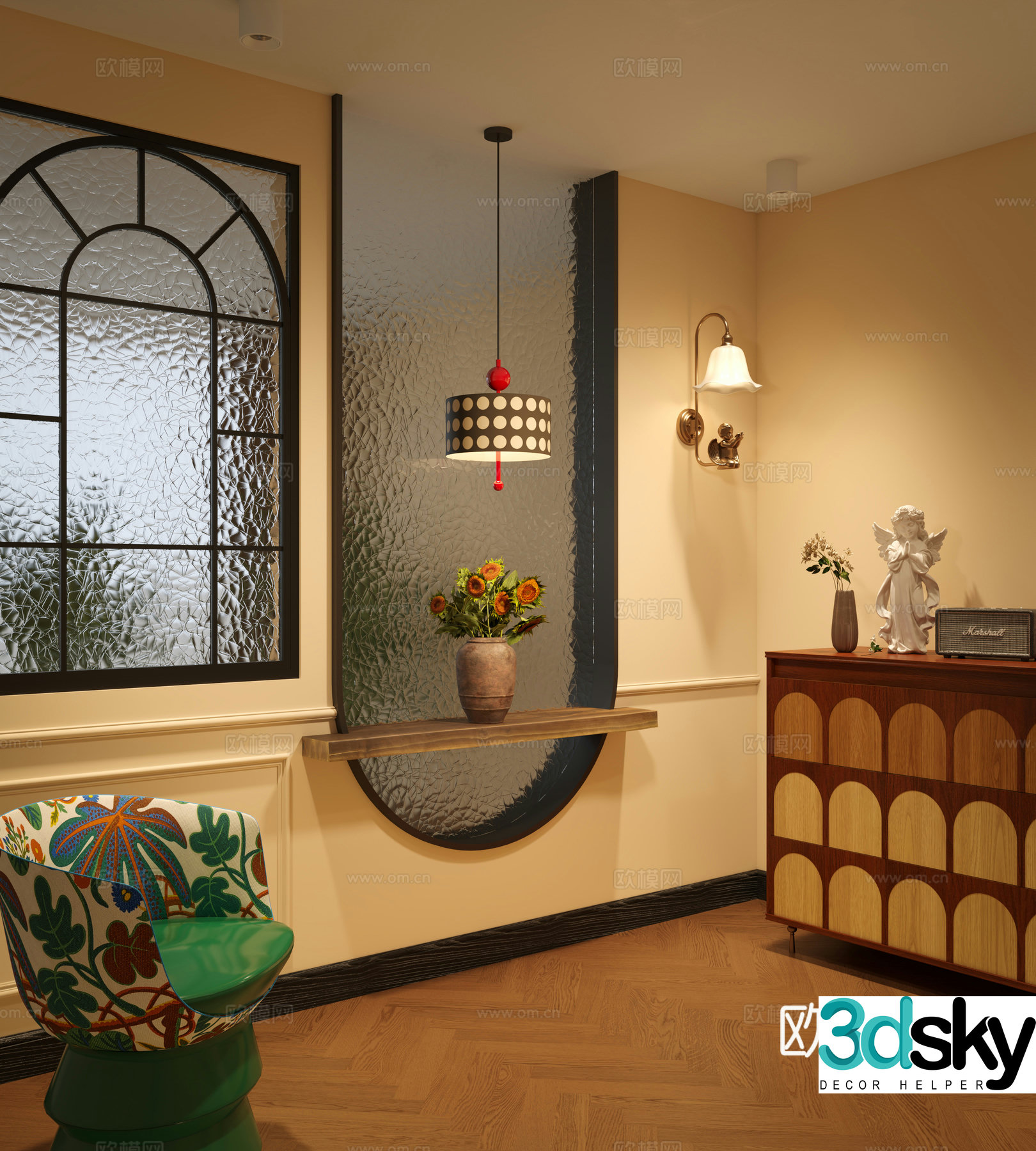 Medium style entrance entrance hall Medium style hall Medium style side cabinet Medium style wall lamp Glass partition 3D model