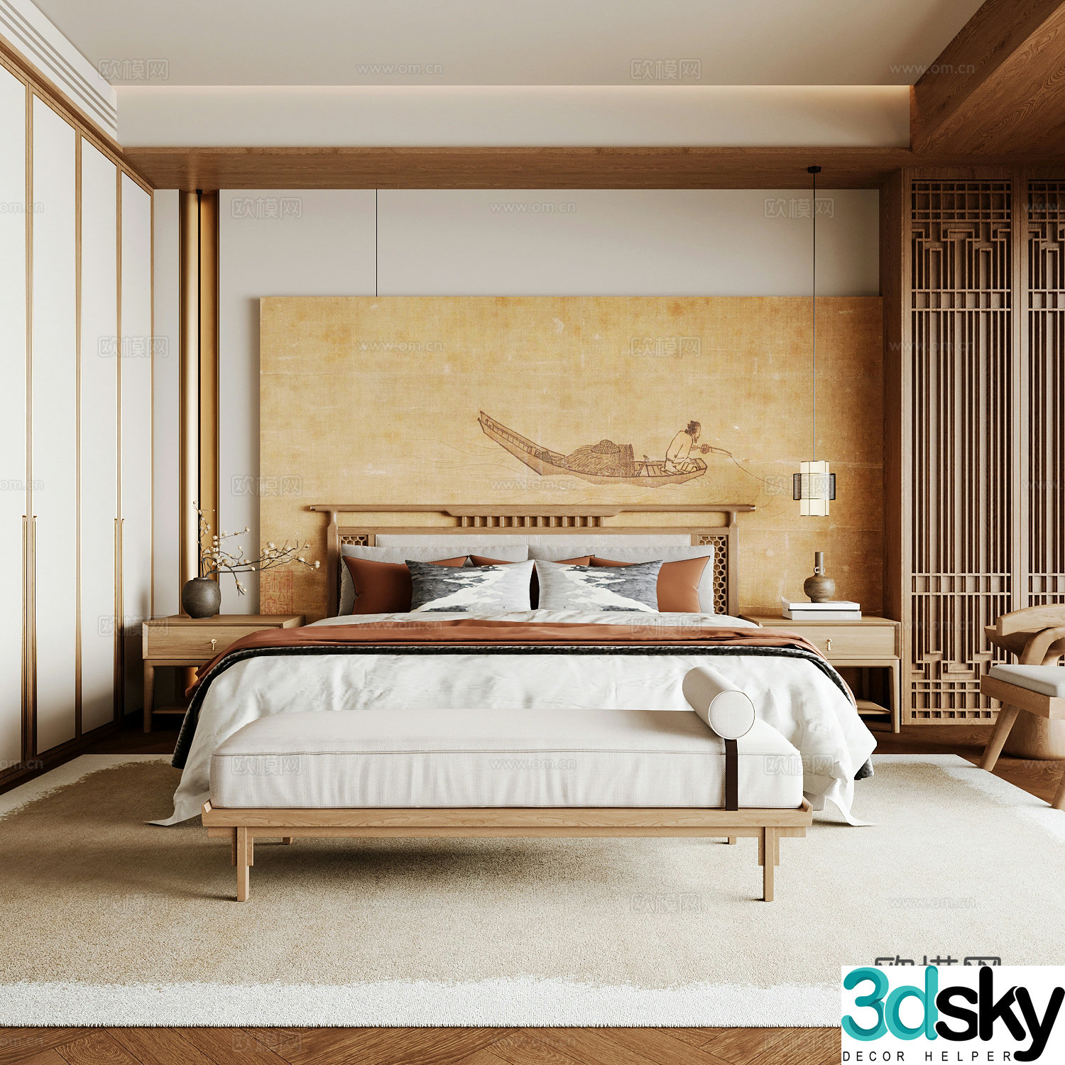 New Chinese style home bedroom Song family aesthetic bedroom Song style bedroom New Chinese style double bed New Chinese 3D model