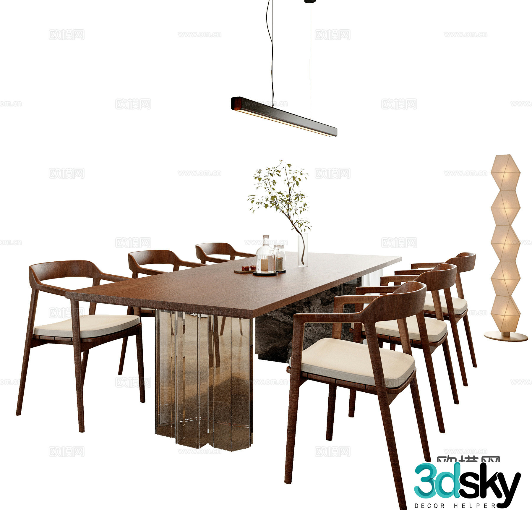 New Chinese Song style dining table and chair combination Floor lamp Dining table Dining chair 3D model