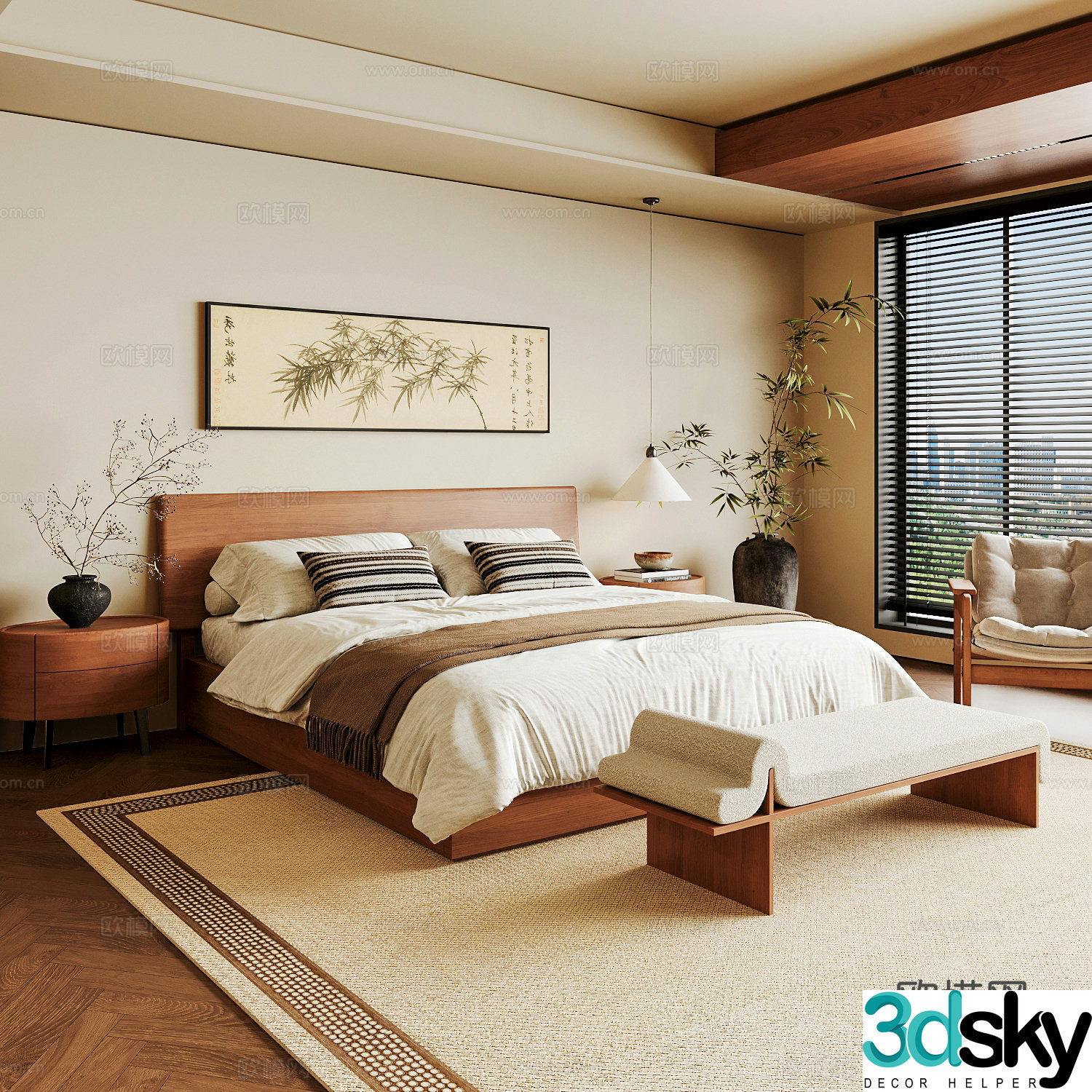 New Chinese style home bedroom Song family aesthetic bedroom Song style bedroom New Chinese style double bed New Chinese 3D model