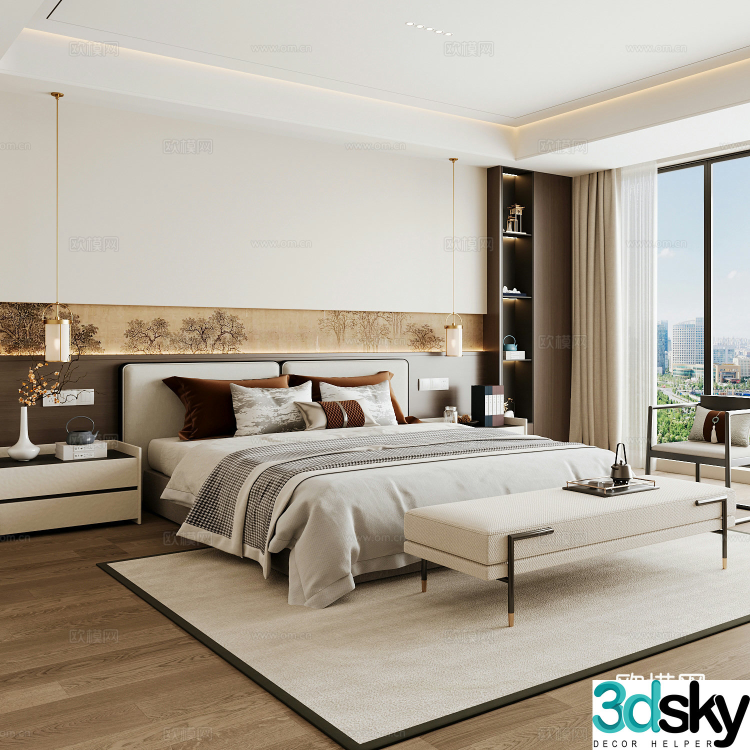 New Chinese style home bedroom Song family aesthetic bedroom Song style bedroom New Chinese style double bed New Chinese 3D model
