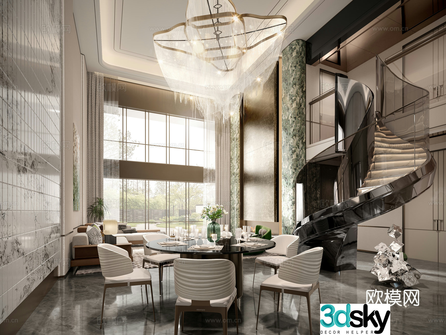 Modern villa living and dining room 3d model