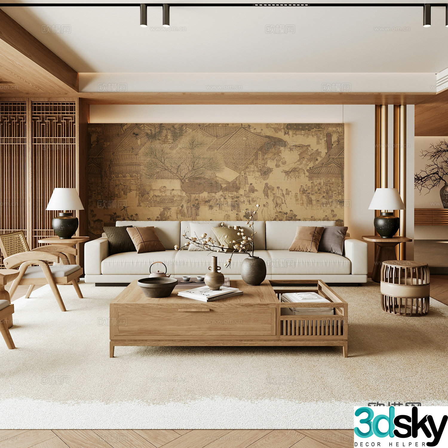 New Chinese Song style living room Chinese sofa combination Song style aesthetics Solid wood coffee table Chinese background 3D model