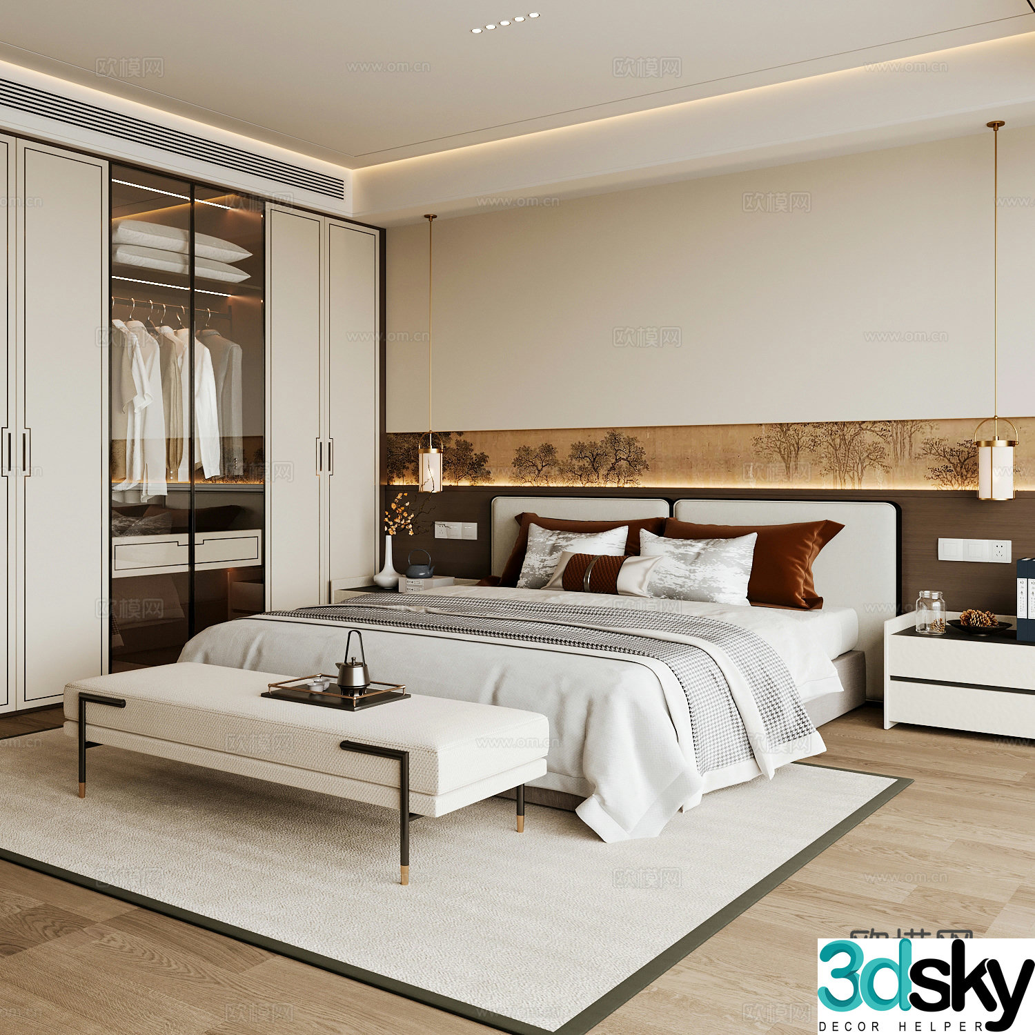 New Chinese style home bedroom Song family aesthetic bedroom Song style bedroom New Chinese style double bed New Chinese 3D model