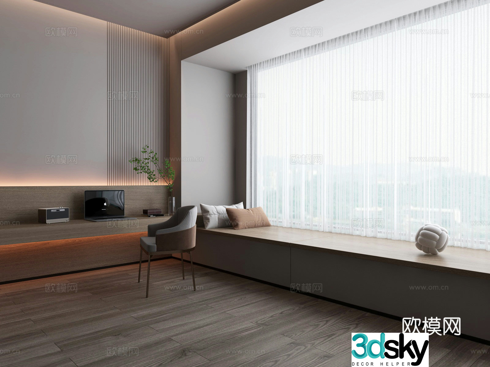 Balancing window writing desk chair dream curtain 3d model