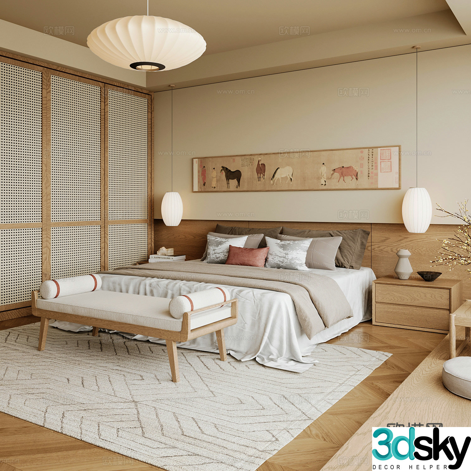 New Chinese style home bedroom Song family aesthetic bedroom Song style bedroom New Chinese style double bed New Chinese 3D model