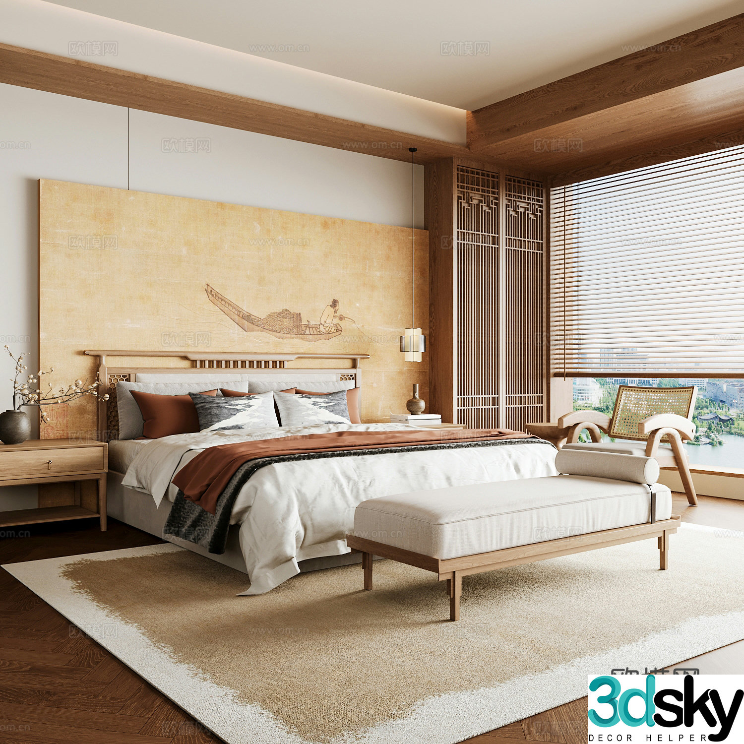 New Chinese style home bedroom Song family aesthetic bedroom Song style bedroom New Chinese style double bed New Chinese 3D model
