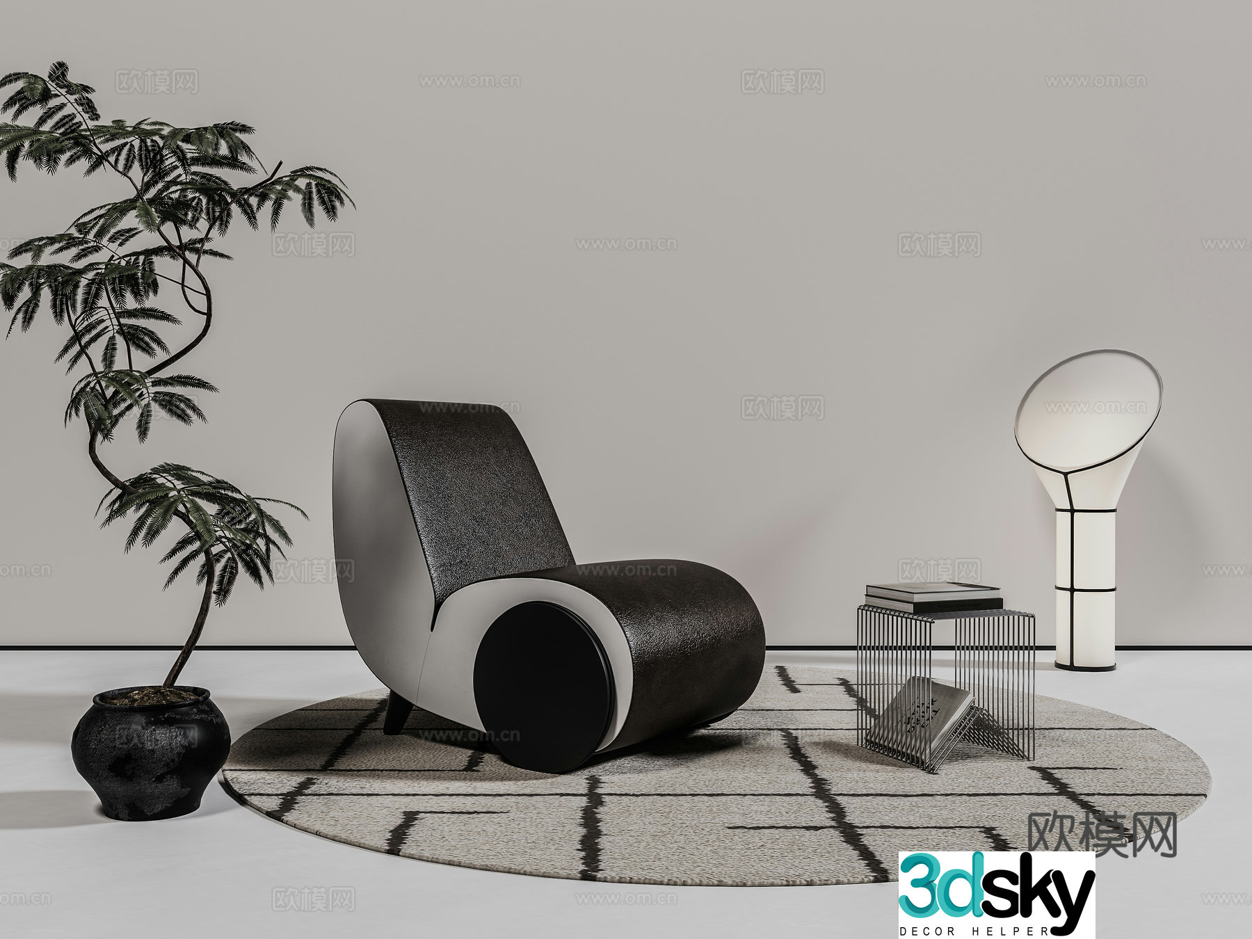 Modern single leather sofa new Chinese style leisure chair leather sofa wheel-shaped single chair 3D model