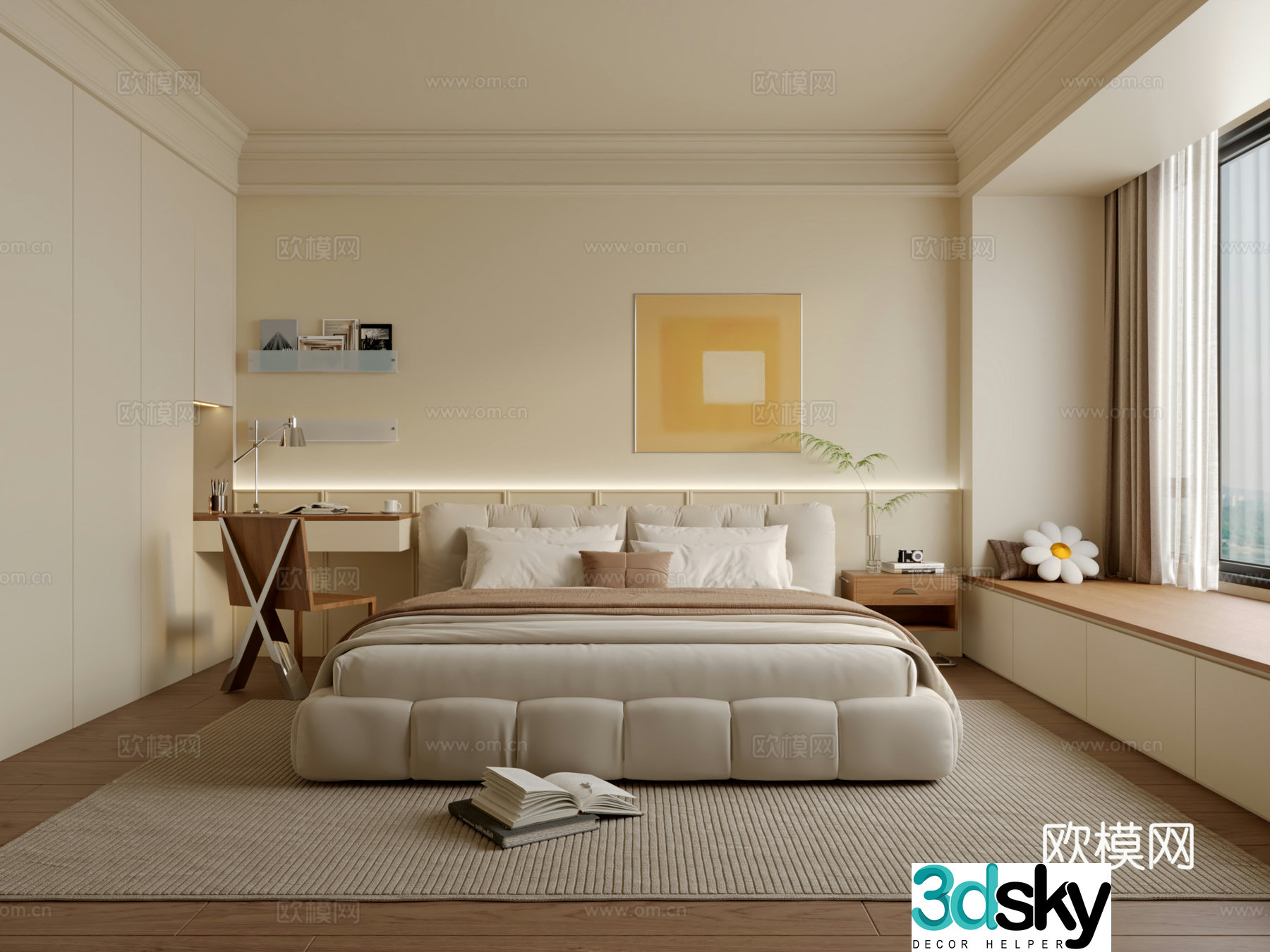 Modern creamy bedroom 3d model