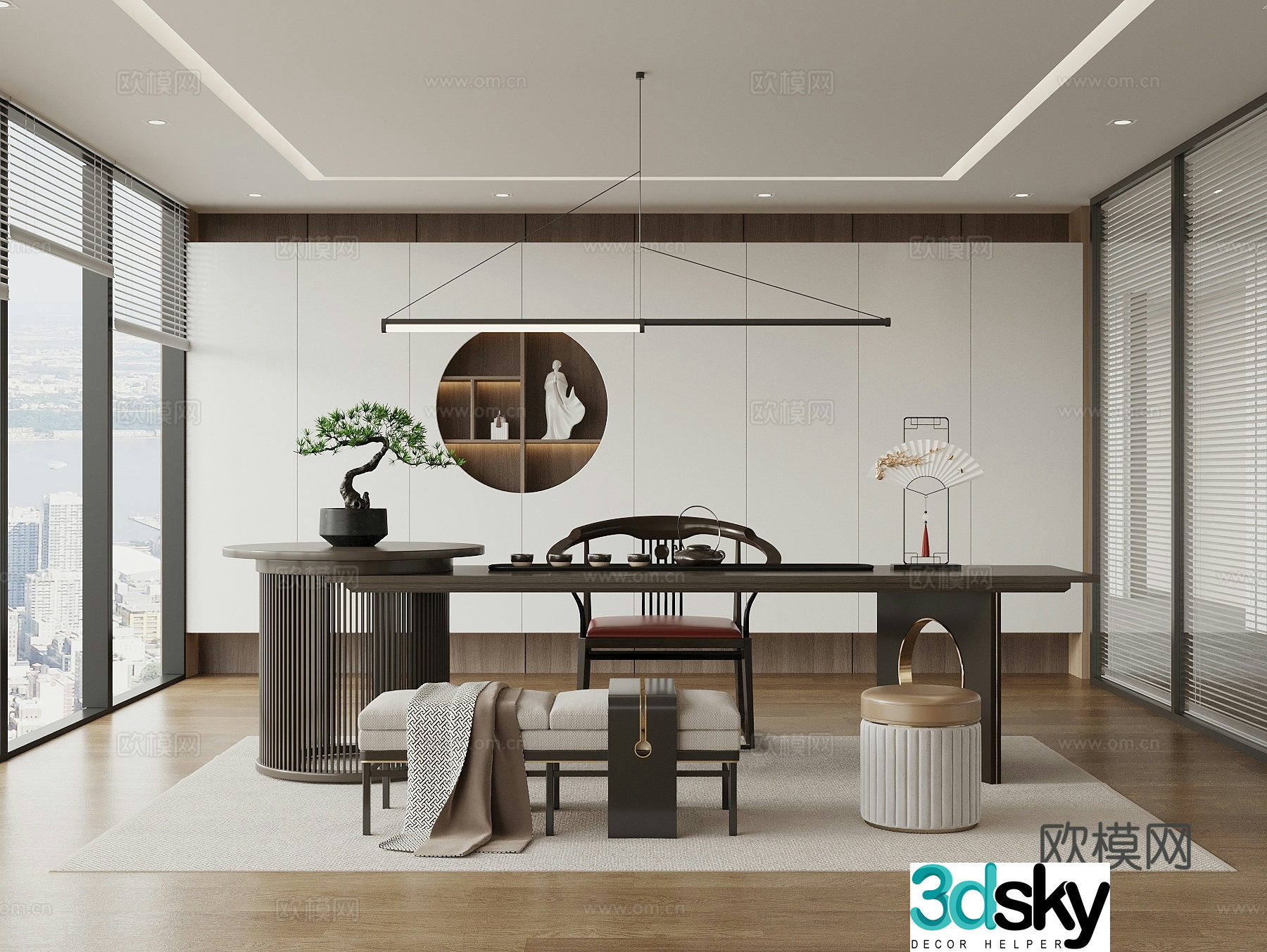 New Chinese-style tea room tea table and chair tea room cabinet tea set potted plant office tea room 3D model