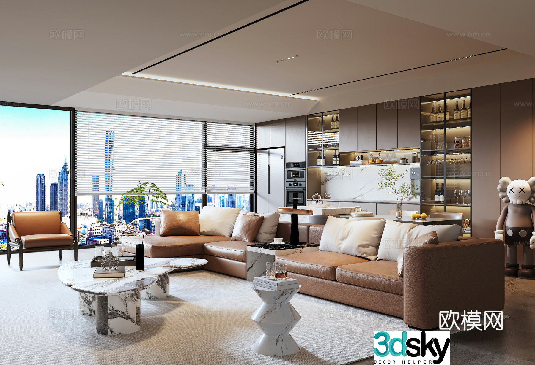 Modern Italian living room large flat living room sideboard refrigerator multi-person sofa coffee table sculpture 3D model