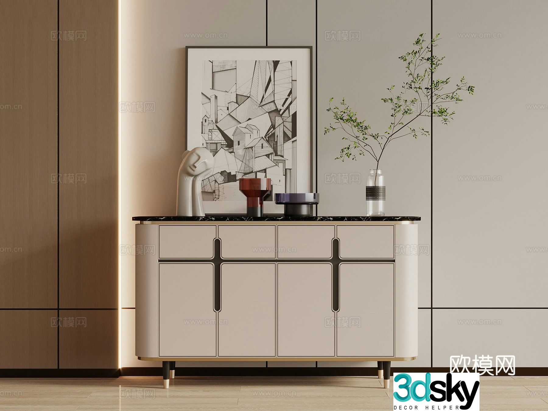 Modern porch cabinet side cabinet ornaments decorative painting floral art 3d model
