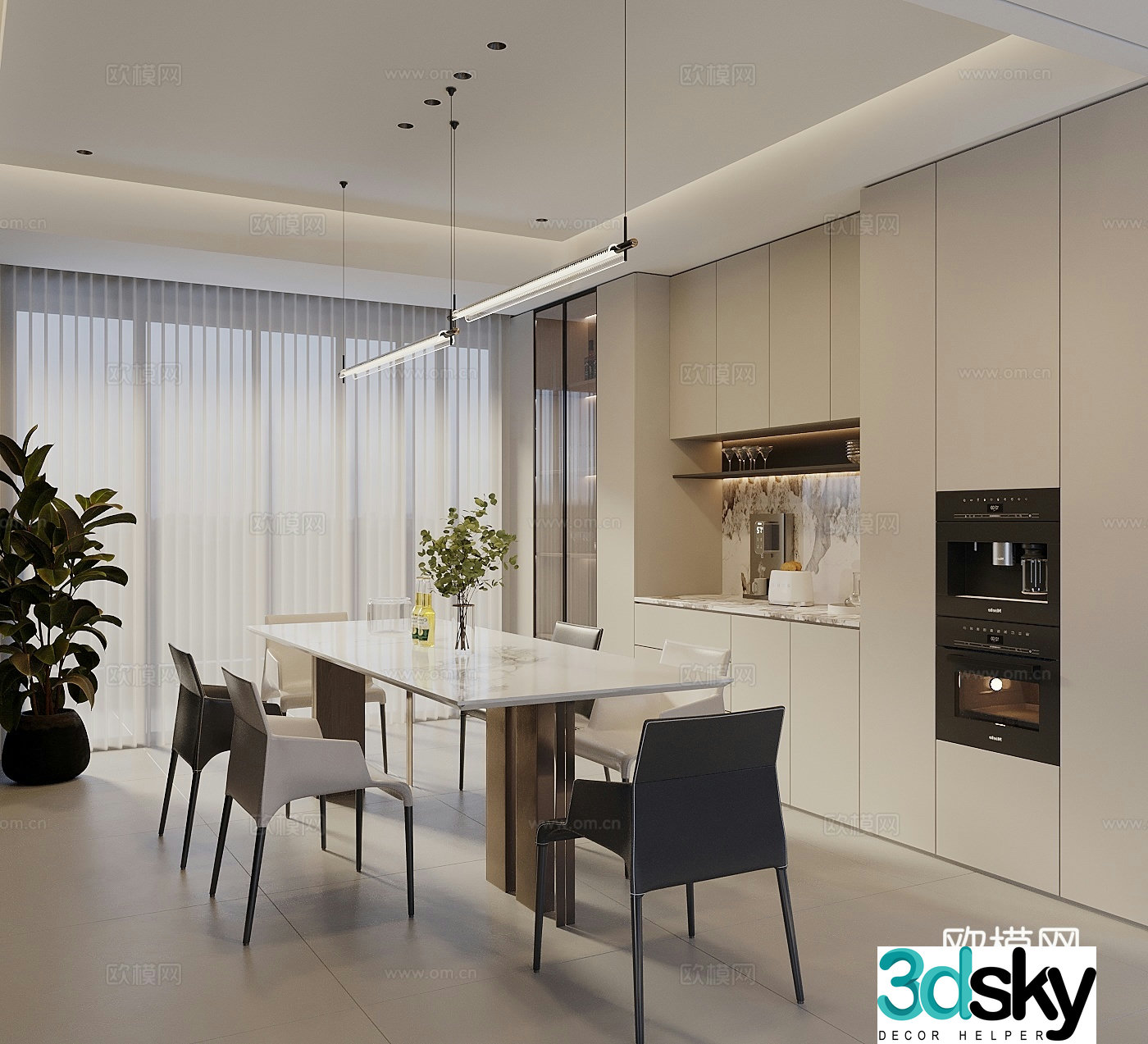 Modern cream style restaurant dining table and chair combination wine cabinet sideboard art chandeliers 3D model